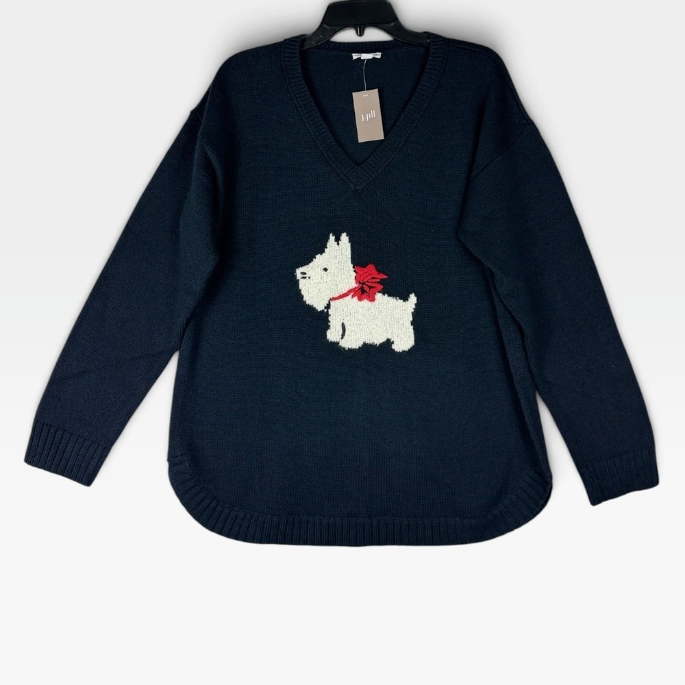 J. Jill V-Neck Westie Dog Sweater Womens M Deep Blue Multi Yak Wool Blend NWT